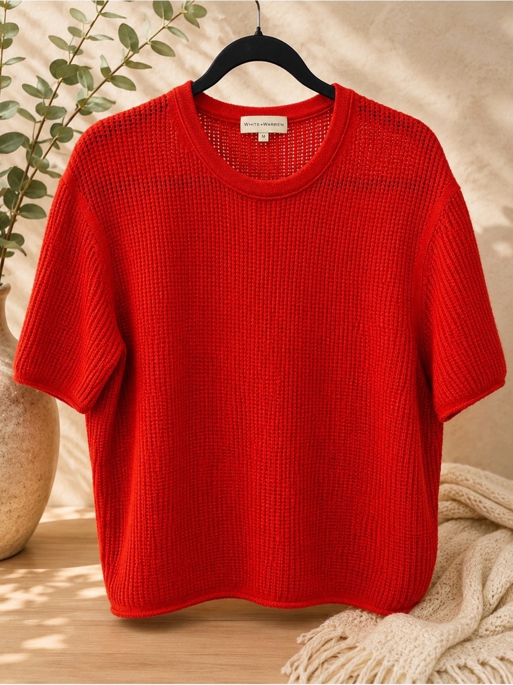 White + Warren Vibrant Red Short-Sleeve Crewneck Knit Sweater - NWOT